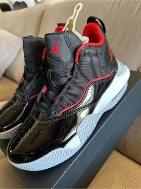 Jordan Kids' Black and Red High-Top Sneakers Size: 5 Y